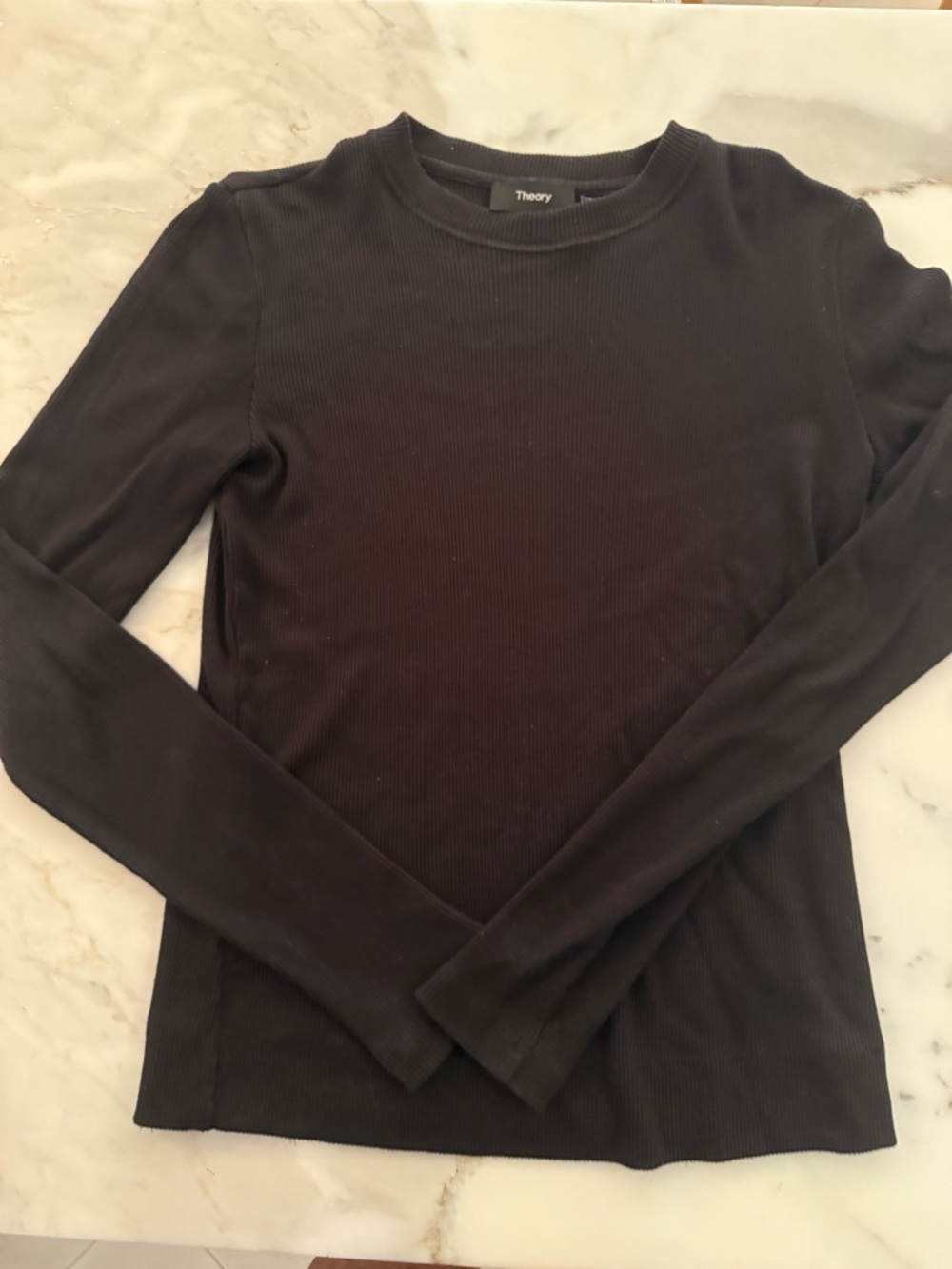 Theory Women’s  Black Ribbed Long-Sleeve Crewneck Shirt